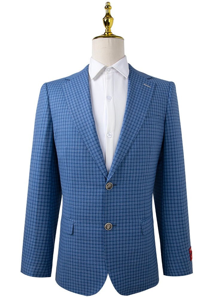 Light Blue Box Check Sport Coat Slim Fit - Vitale Barberis Fabric - Tomasso Black
