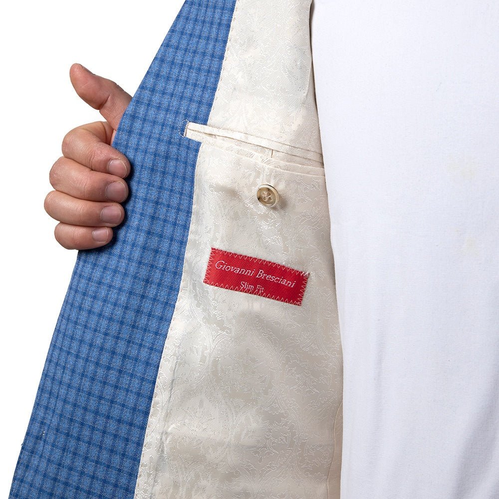 Light Blue Box Check Sport Coat Slim Fit - Vitale Barberis Fabric - Tomasso Black