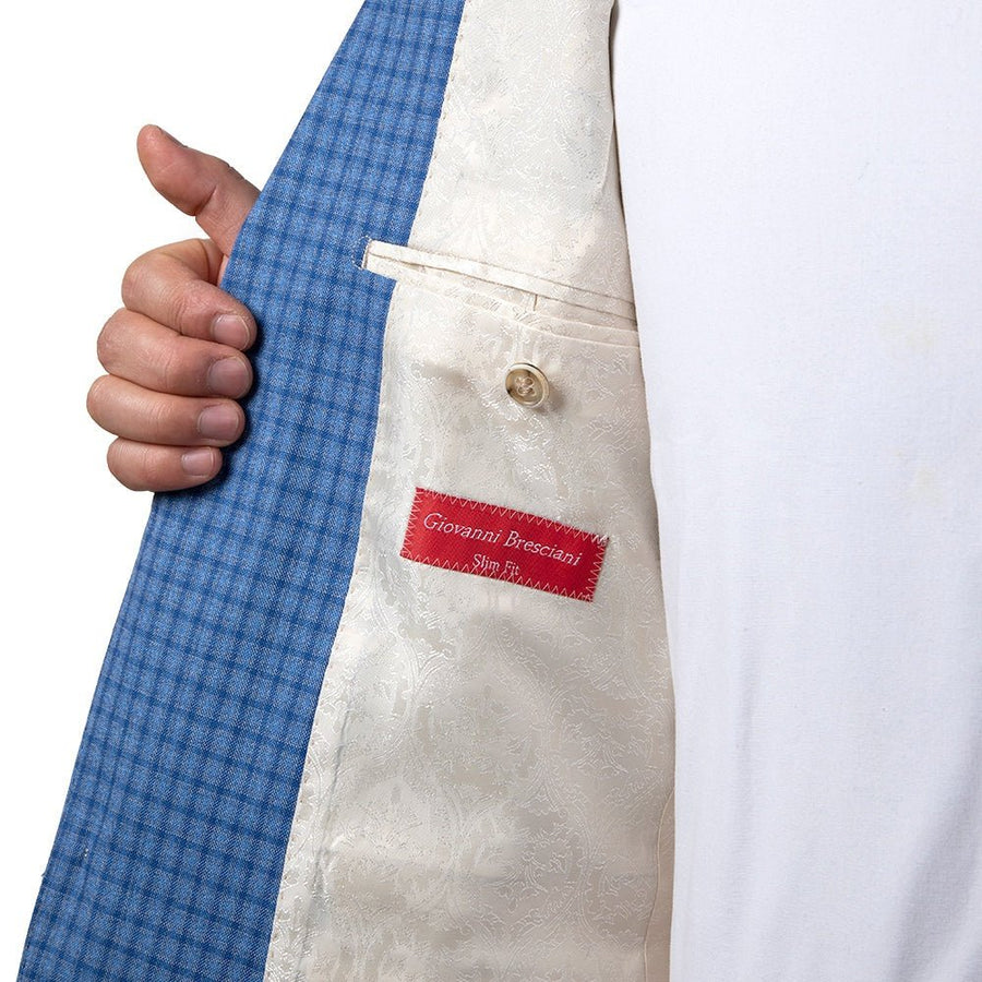 Light Blue Box Check Sport Coat Slim Fit - Vitale Barberis Fabric - Tomasso Black