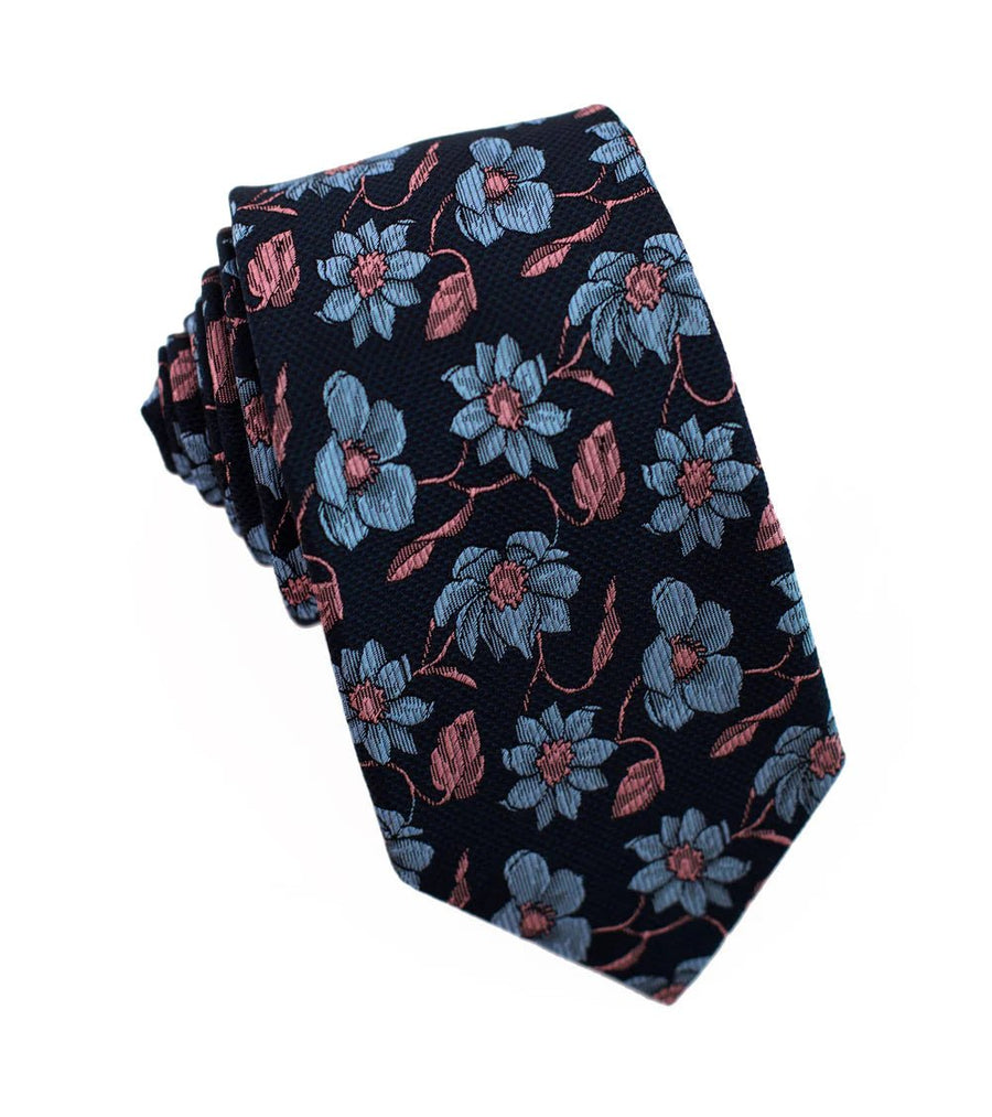 100% Woven Silk Light Blue & Pink Floral - Tomasso Black