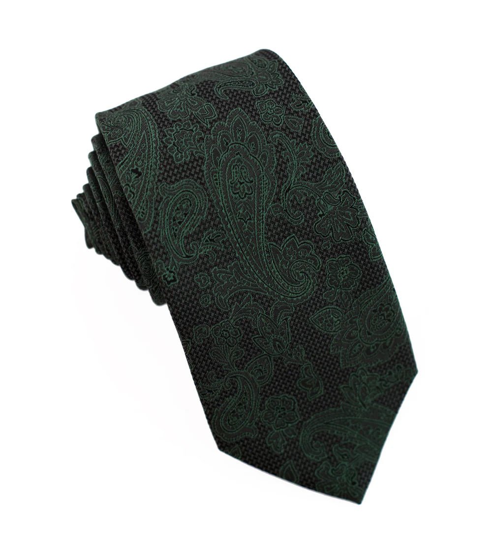 100% Woven Silk Tie Dark Green Paisley Pattern - Tomasso Black