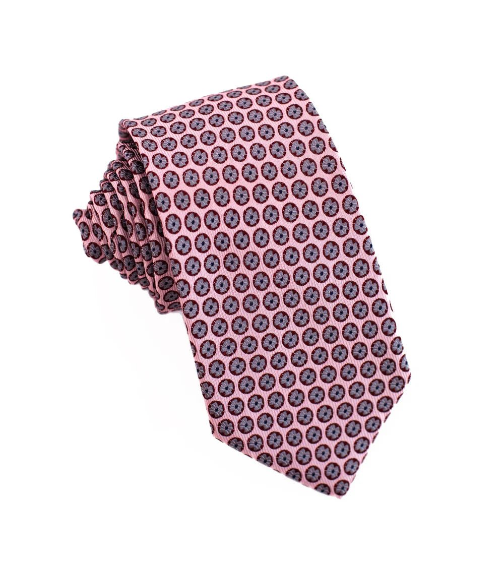 100% Woven Silk Tie Pink Round Pattern - Tomasso Black