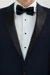 Thumbnail for Luxurious 100% Super Fine Wool Italian Navy Blue Peak Lapel Tuxedo - Tomasso Black