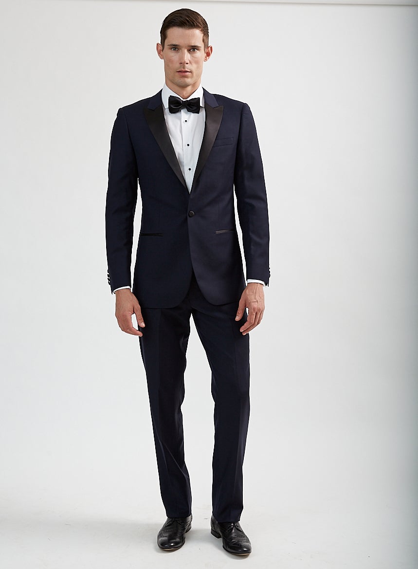 Luxurious 100% Super Fine Wool Italian Navy Blue Peak Lapel Tuxedo - Tomasso Black
